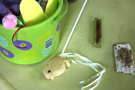 Easter bucket, cornbread peep, celery with pnut butter, matzoh with harosset